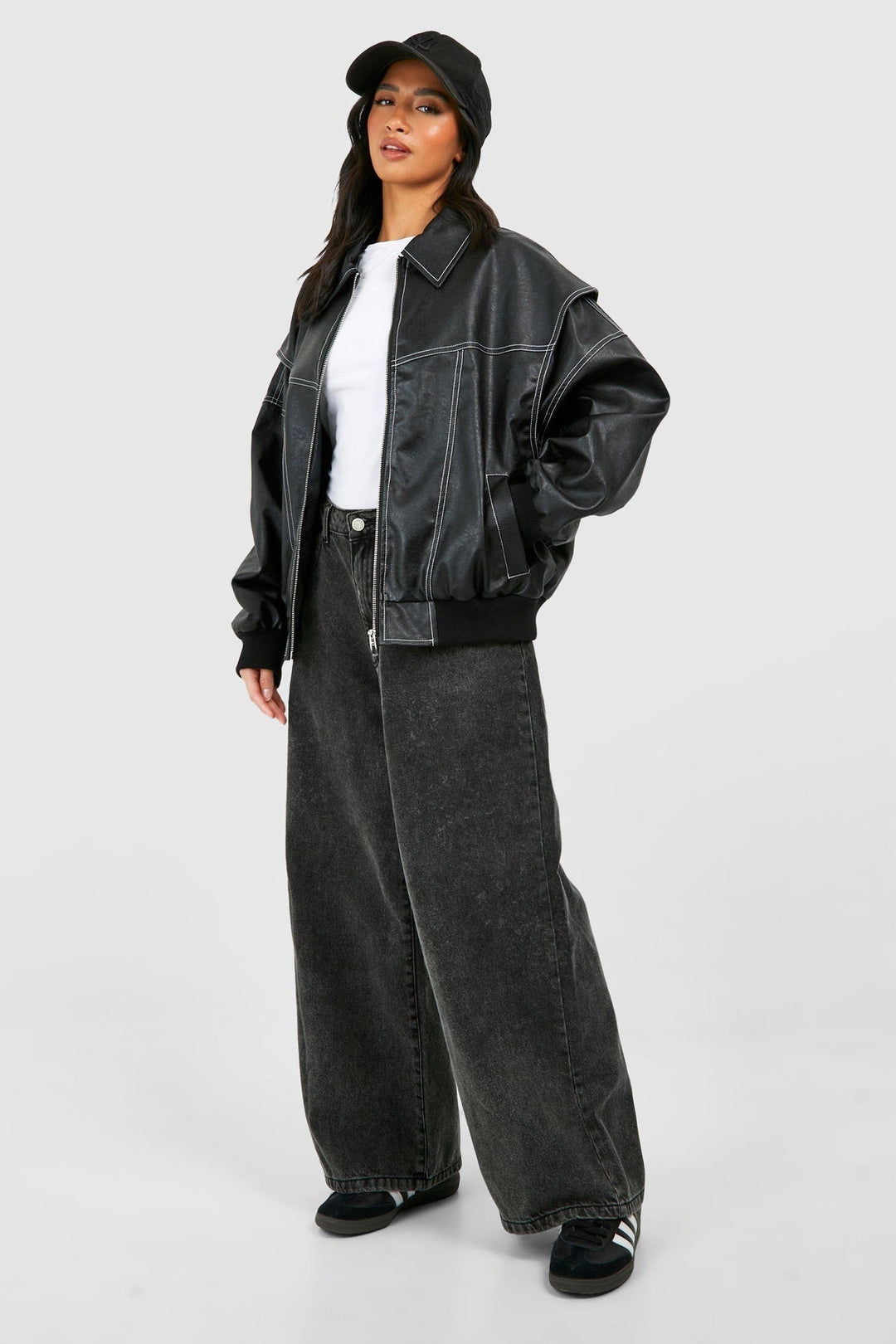 Faux Leather Bomber Jacket with Zip Front