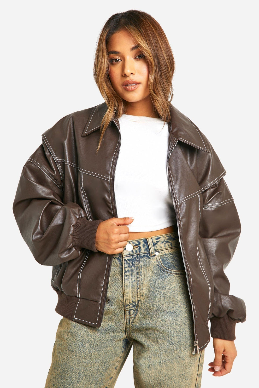 Faux Leather Bomber Jacket with Zip Front