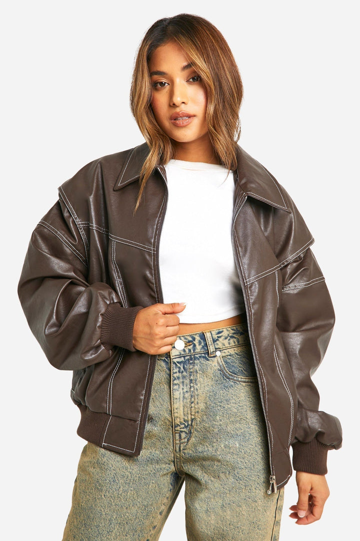 Faux Leather Bomber Jacket with Zip Front
