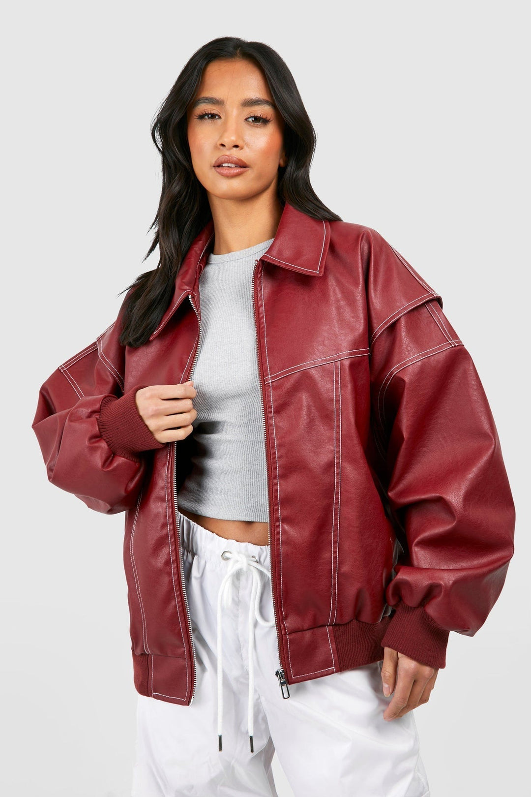 Faux Leather Bomber Jacket with Zip Front