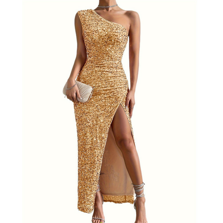 Luxe Glitter Shoulder Dress - Fitted Dress with High Split - Fleur Bellucci