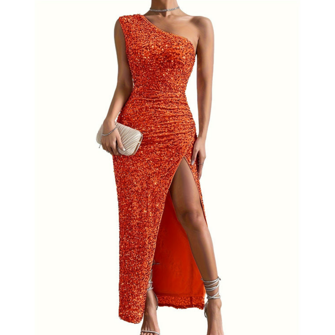 Luxe Glitter Shoulder Dress - Fitted Dress with High Split - Fleur Bellucci