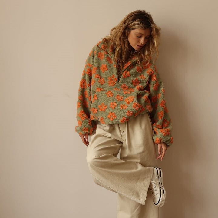 Oversized Floral Teddy Fleece Jacket with Half Zip