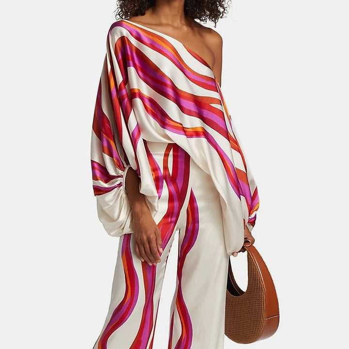Emma - Wave Print Satin One-Shoulder Top &amp; Wide-Leg Pants Set