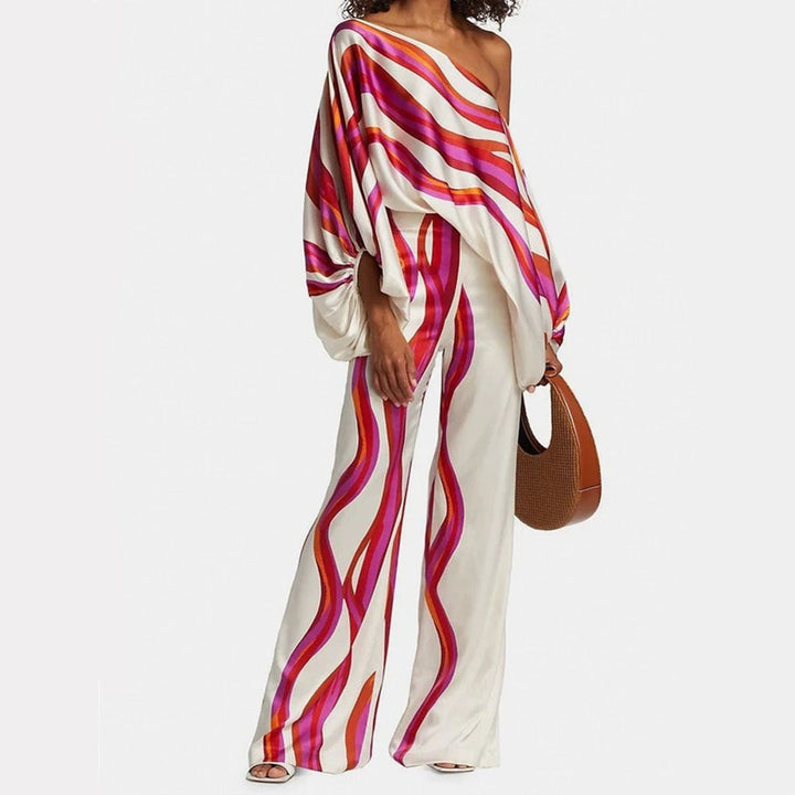 Emma - Wave Print Satin One-Shoulder Top &amp; Wide-Leg Pants Set