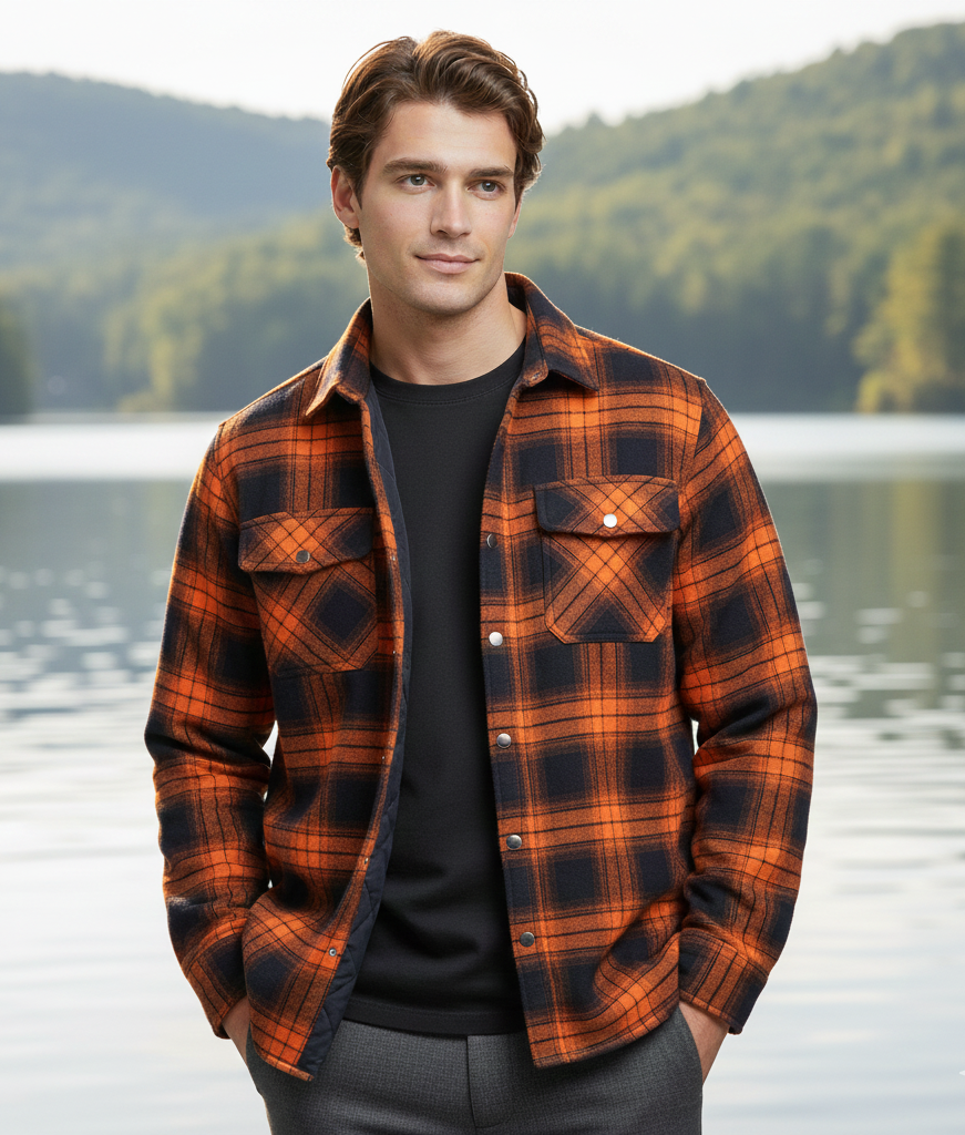 Warm quilted check shirt jacket for men