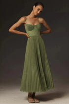 CELESTE - Pleated Midi Dress with Corset Bodice and Spaghetti Straps