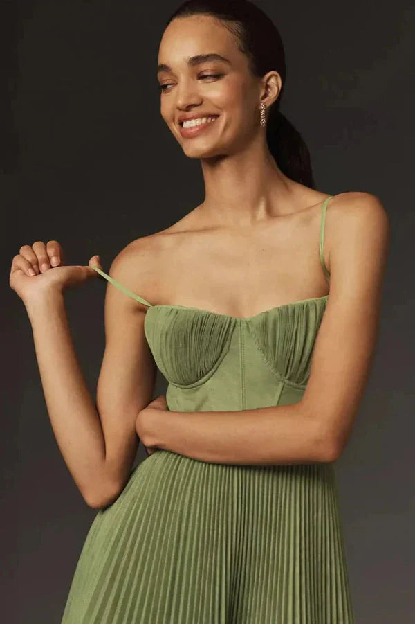 CELESTE - Pleated Midi Dress with Corset Bodice and Spaghetti Straps