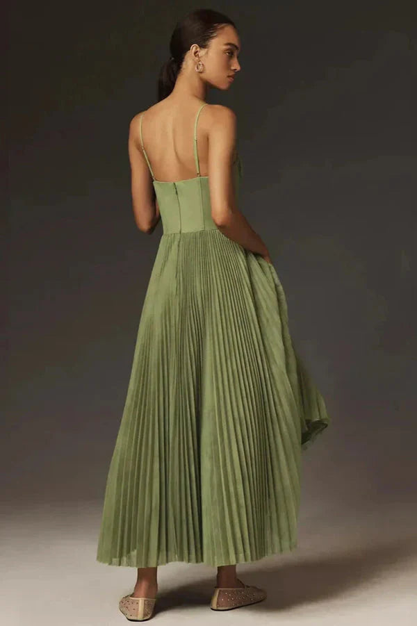 CELESTE - Pleated Midi Dress with Corset Bodice and Spaghetti Straps