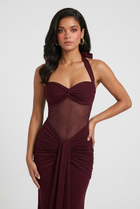Halter Maxi Dress for Women - Wine Red, Contoured Fit, Perfect for Evening Parties