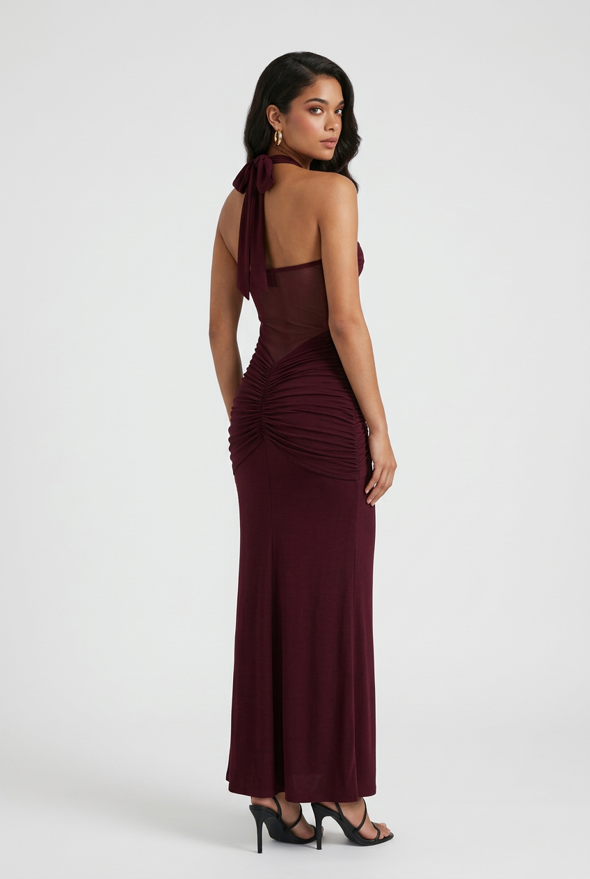 Halter Maxi Dress for Women - Wine Red, Contoured Fit, Perfect for Evening Parties
