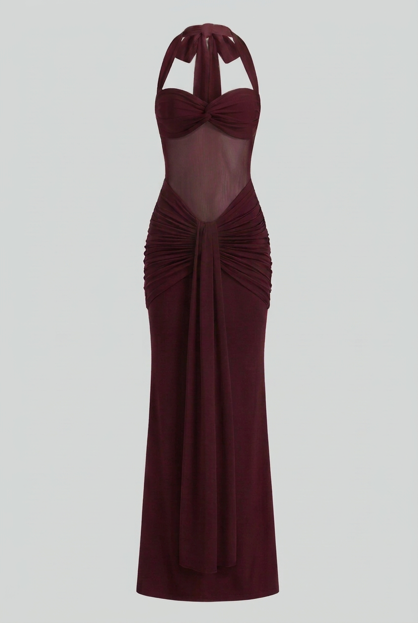 Halter Maxi Dress for Women - Wine Red, Contoured Fit, Perfect for Evening Parties