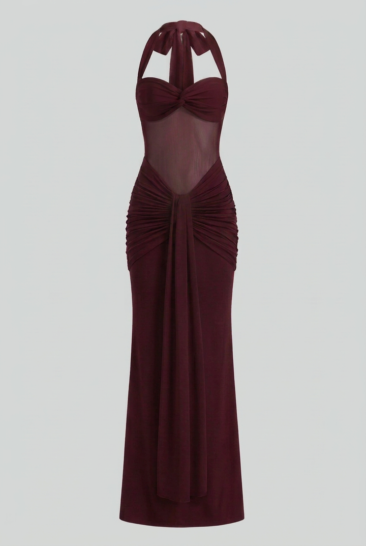 Halter Maxi Dress for Women - Wine Red, Contoured Fit, Perfect for Evening Parties