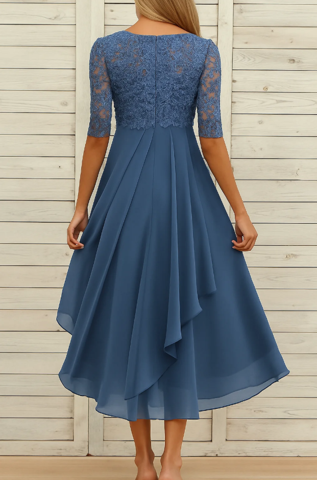 Ladies Maxi Dress Lace Top Chiffon Skirt Three-Quarter Sleeves A-Line Elegant - Blue / Green / Purple - Maelen