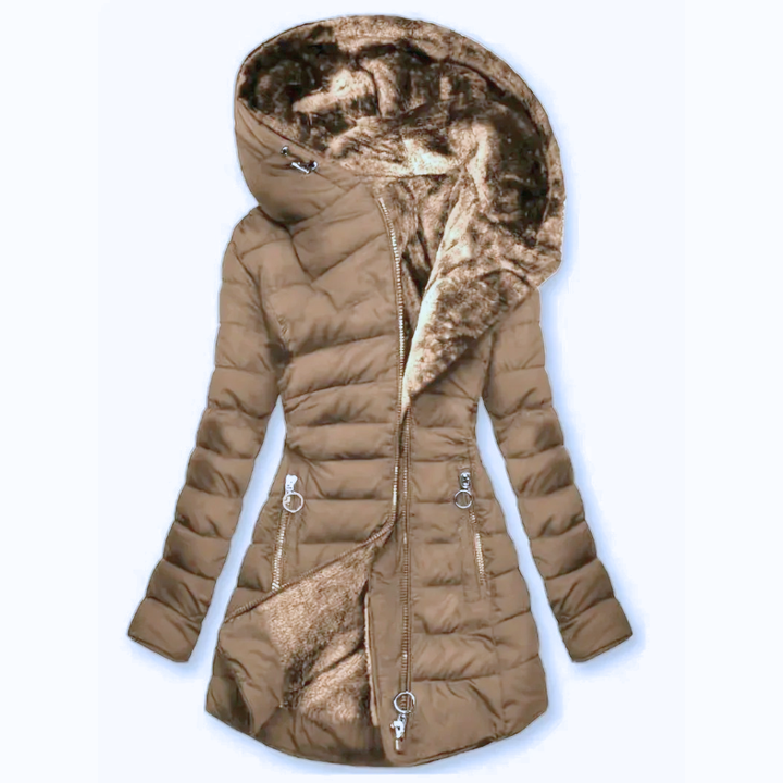Long Puffer Jacket for Women with Plush Lining and Hood