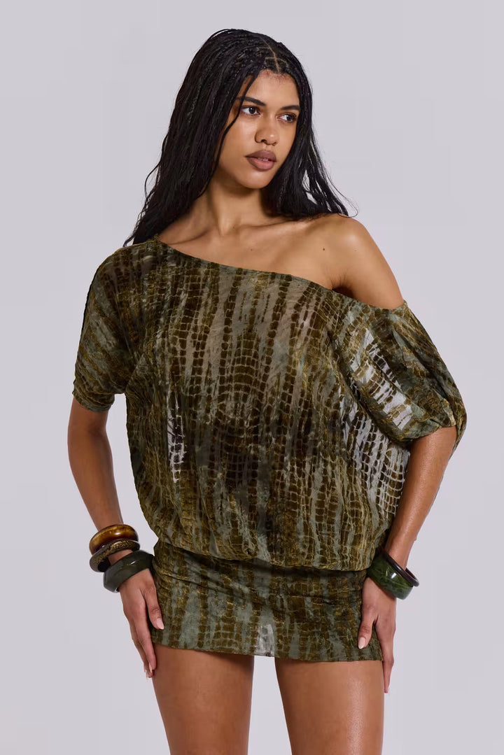 Cynthia - Tie-Dye Print Off-Shoulder Blouson Mini Dress