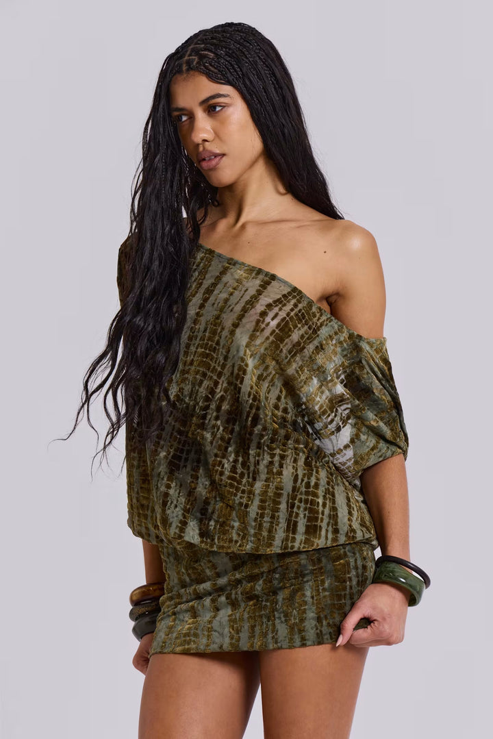 Cynthia - Tie-Dye Print Off-Shoulder Blouson Mini Dress