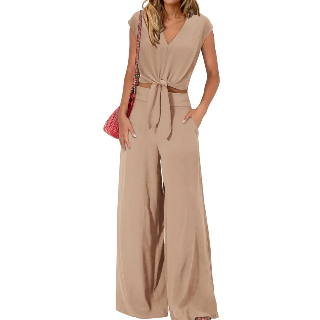 Michelle - V-Neck Tie-Front Crop Top and Wide-Leg Pants Set