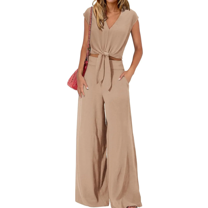 Michelle - V-Neck Tie-Front Crop Top and Wide-Leg Pants Set