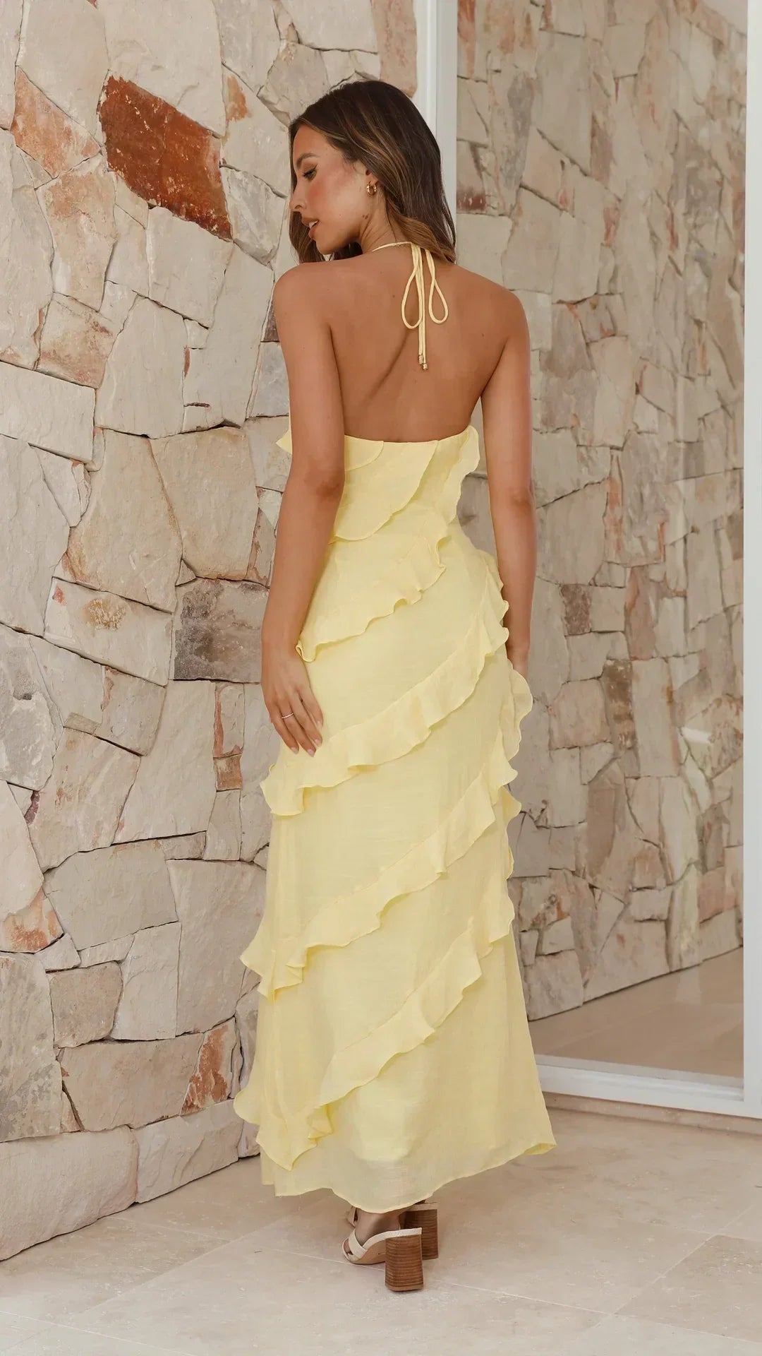 Patricia - Halter Neck Tiered Ruffle Maxi Dress with Open Back
