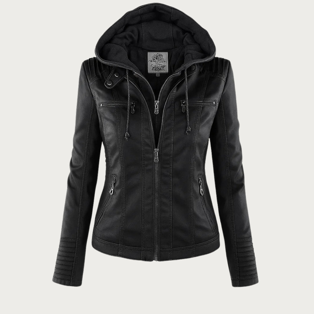Leather Biker Jacket with Removable Hood and Zip Detail