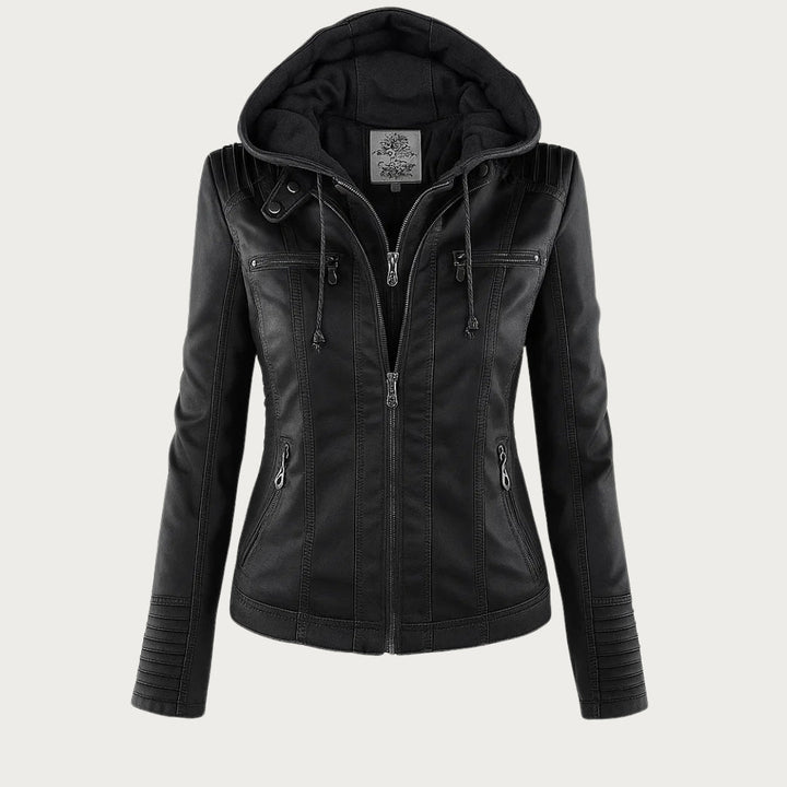 Leather Biker Jacket with Removable Hood and Zip Detail