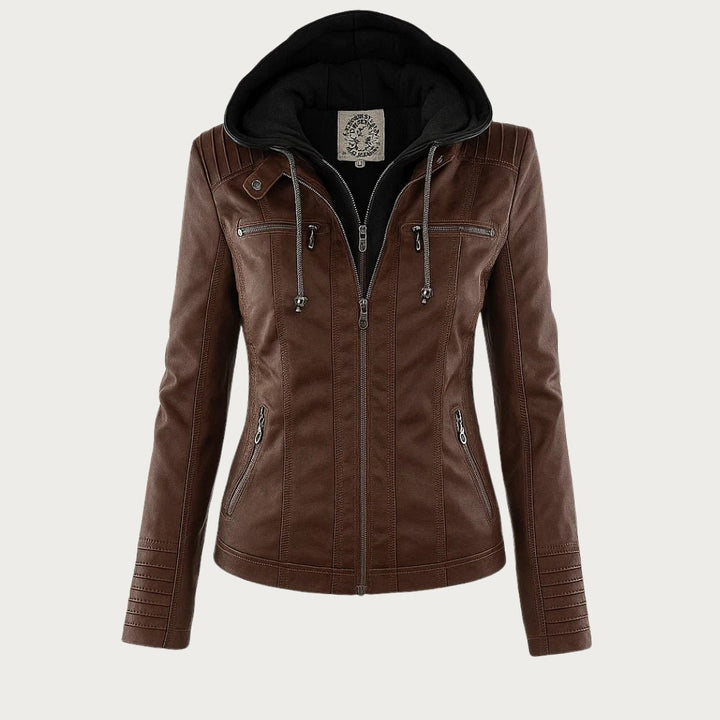 Leather Biker Jacket with Removable Hood and Zip Detail