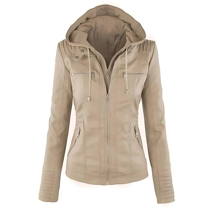 Leather Biker Jacket with Removable Hood and Zip Detail