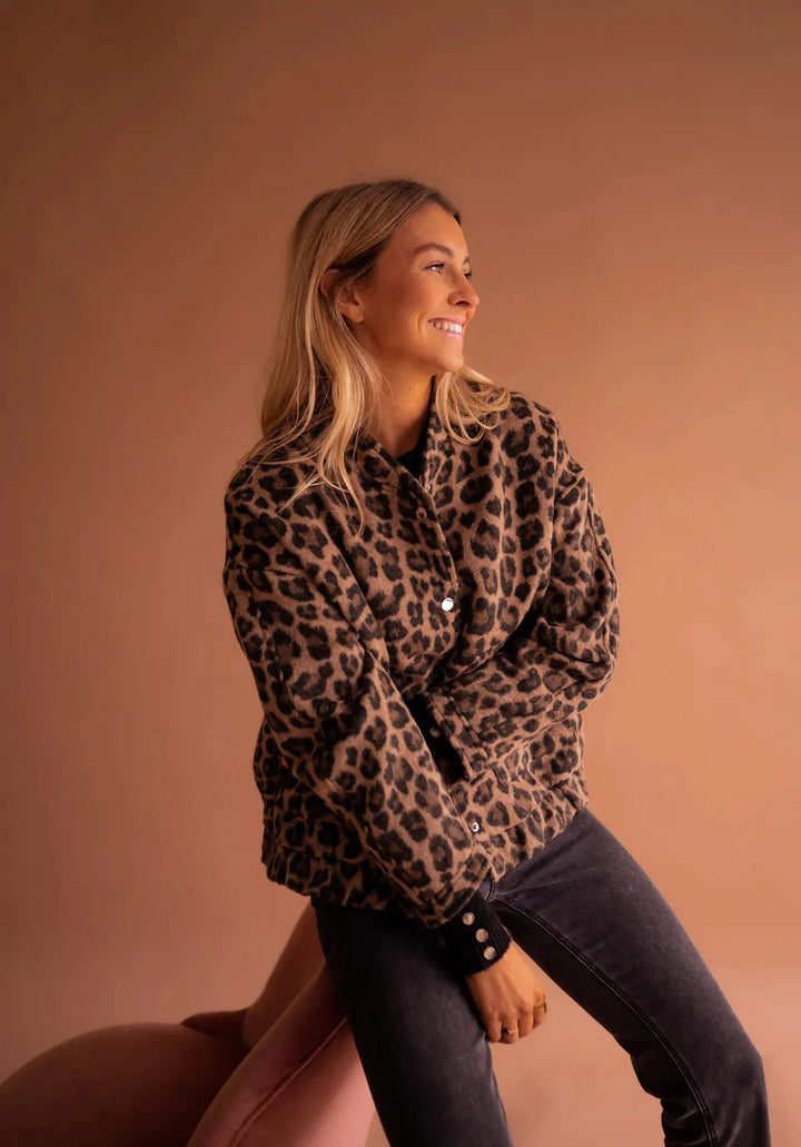 Leopard Print Bomber Shacket with Button Front