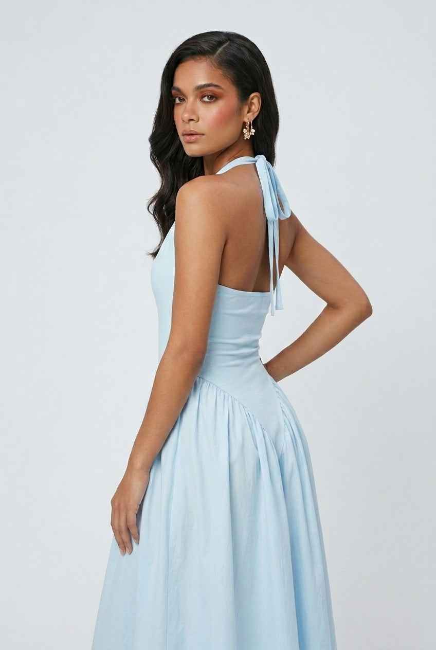 Light Blue Midi Cocktail Dress for Women – Soft Elegant Fit for Weddings &amp; Summer Events