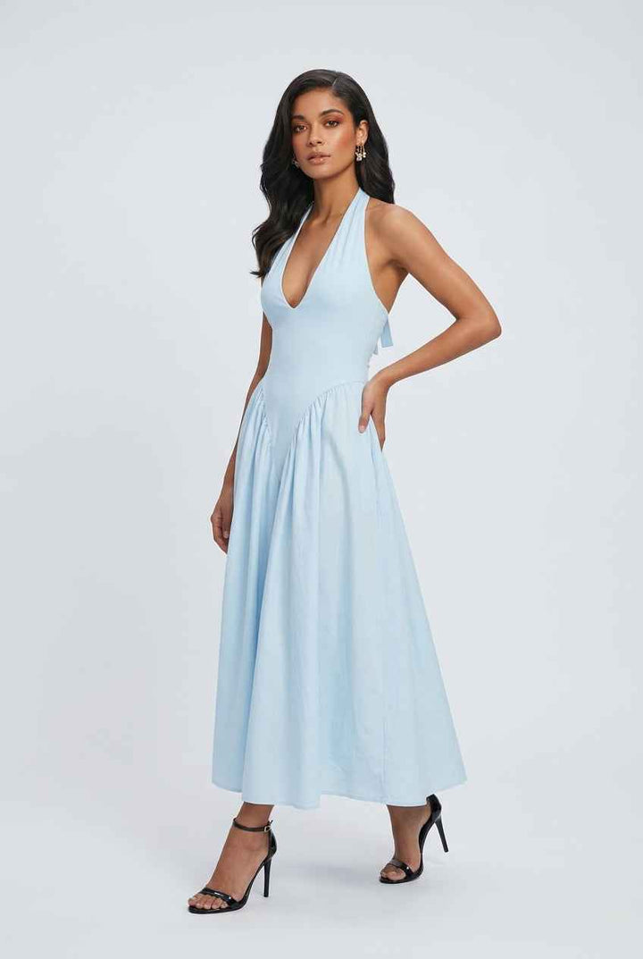 Light Blue Midi Cocktail Dress for Women – Soft Elegant Fit for Weddings &amp; Summer Events