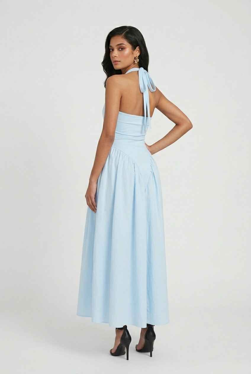 Light Blue Midi Cocktail Dress for Women – Soft Elegant Fit for Weddings &amp; Summer Events