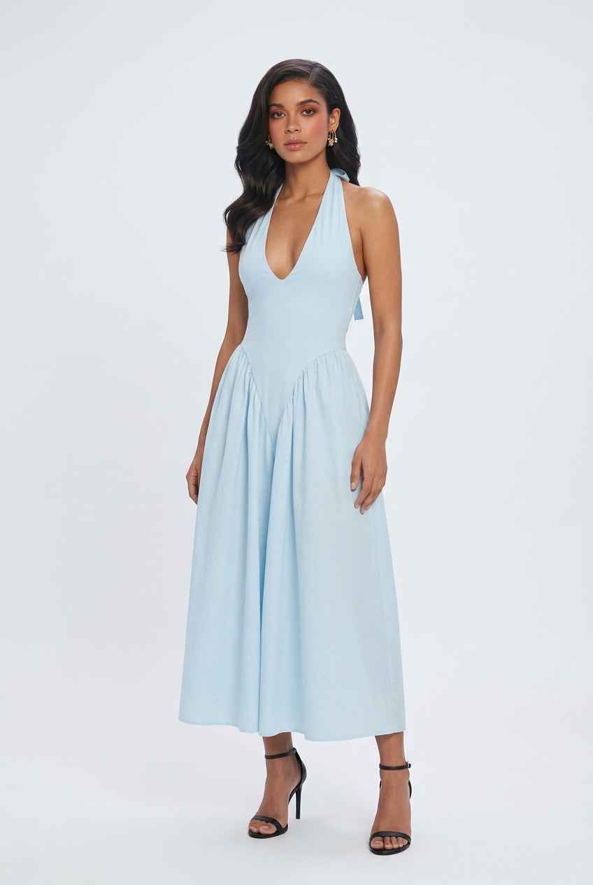 Light Blue Midi Cocktail Dress for Women – Soft Elegant Fit for Weddings &amp; Summer Events