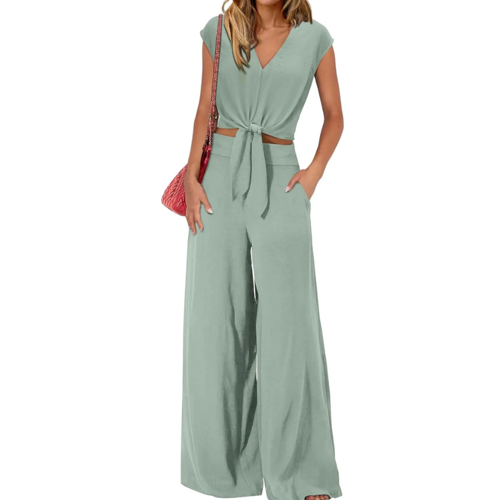 Michelle - V-Neck Tie-Front Crop Top and Wide-Leg Pants Set