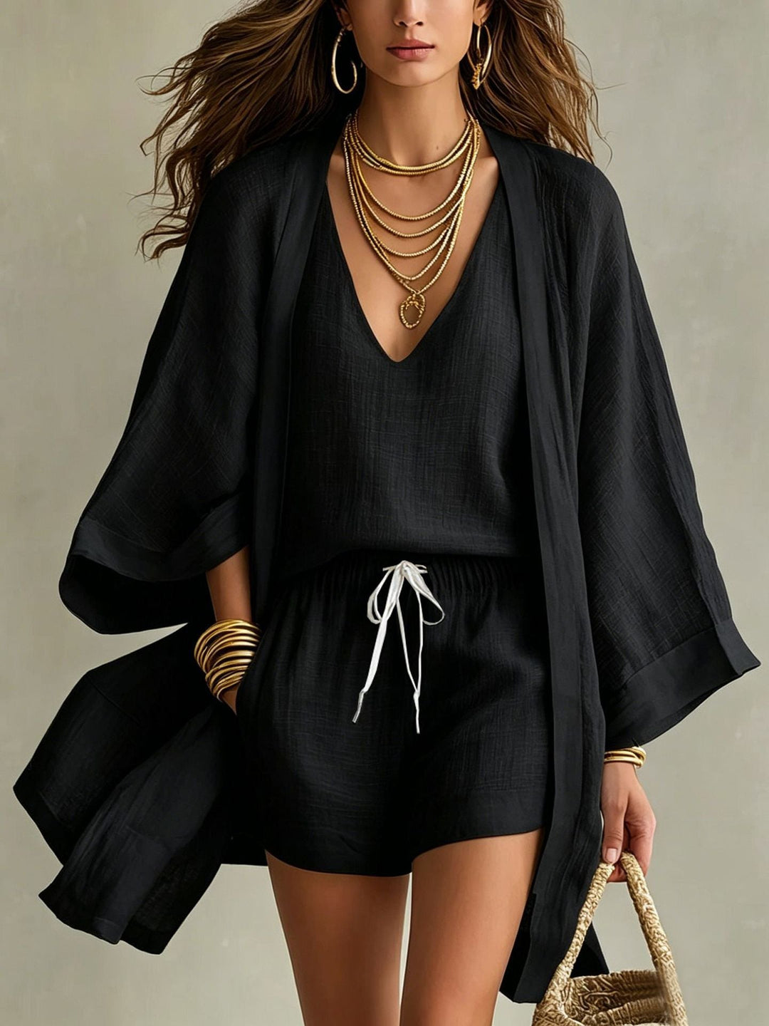 Linen Two Piece Set with Kimono Cardigan and Drawstring Shorts
