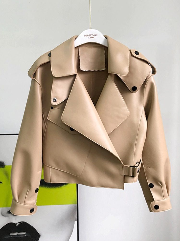Trench Coat Women - Leather Cropped Trench Coat with Long Sleeves