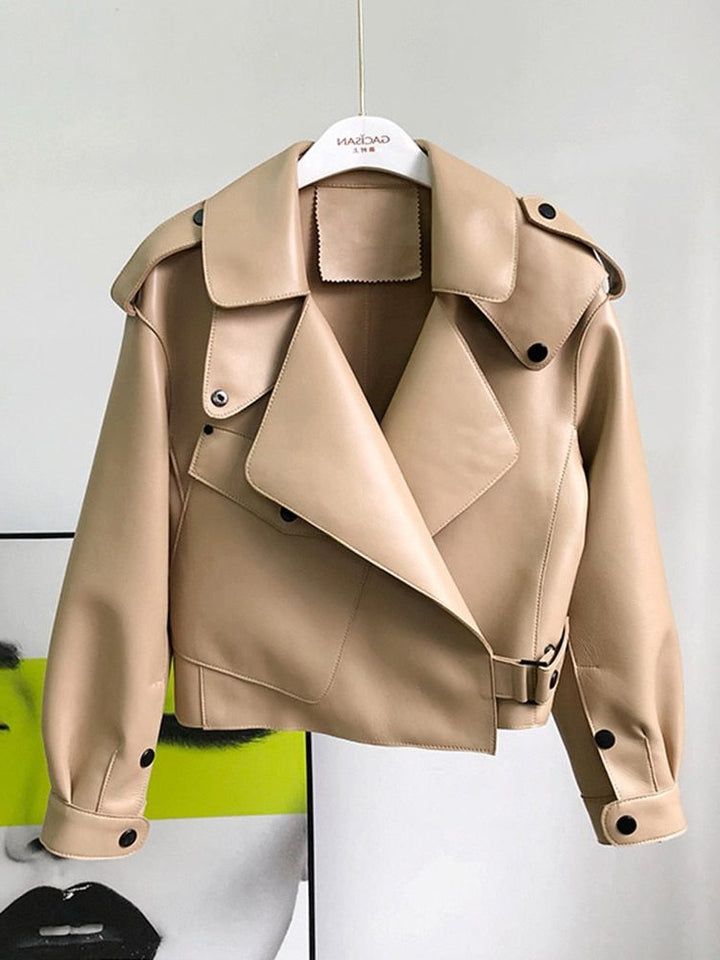 Trench Coat Women - Leather Cropped Trench Coat with Long Sleeves