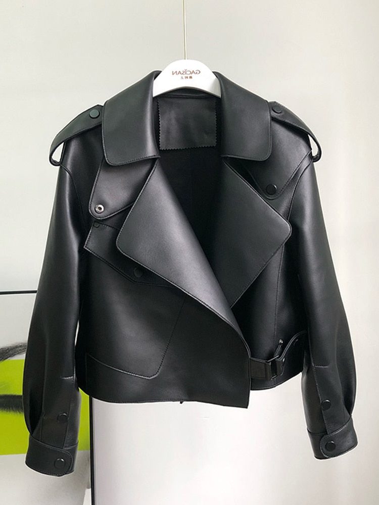 Trench Coat Women - Leather Cropped Trench Coat with Long Sleeves