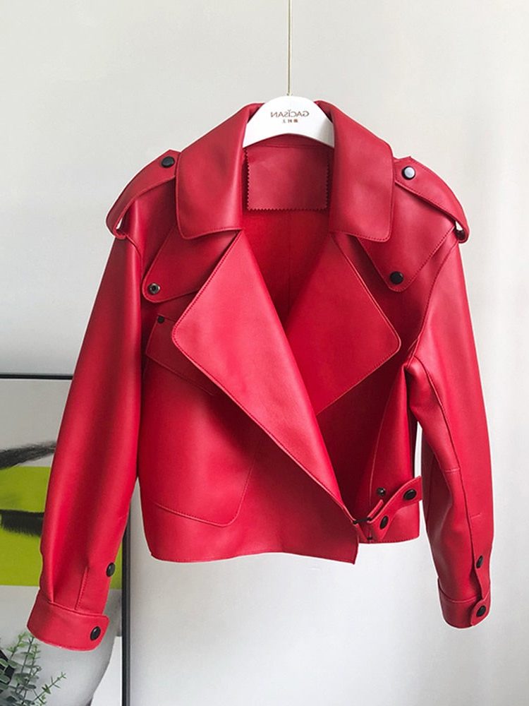 Trench Coat Women - Leather Cropped Trench Coat with Long Sleeves