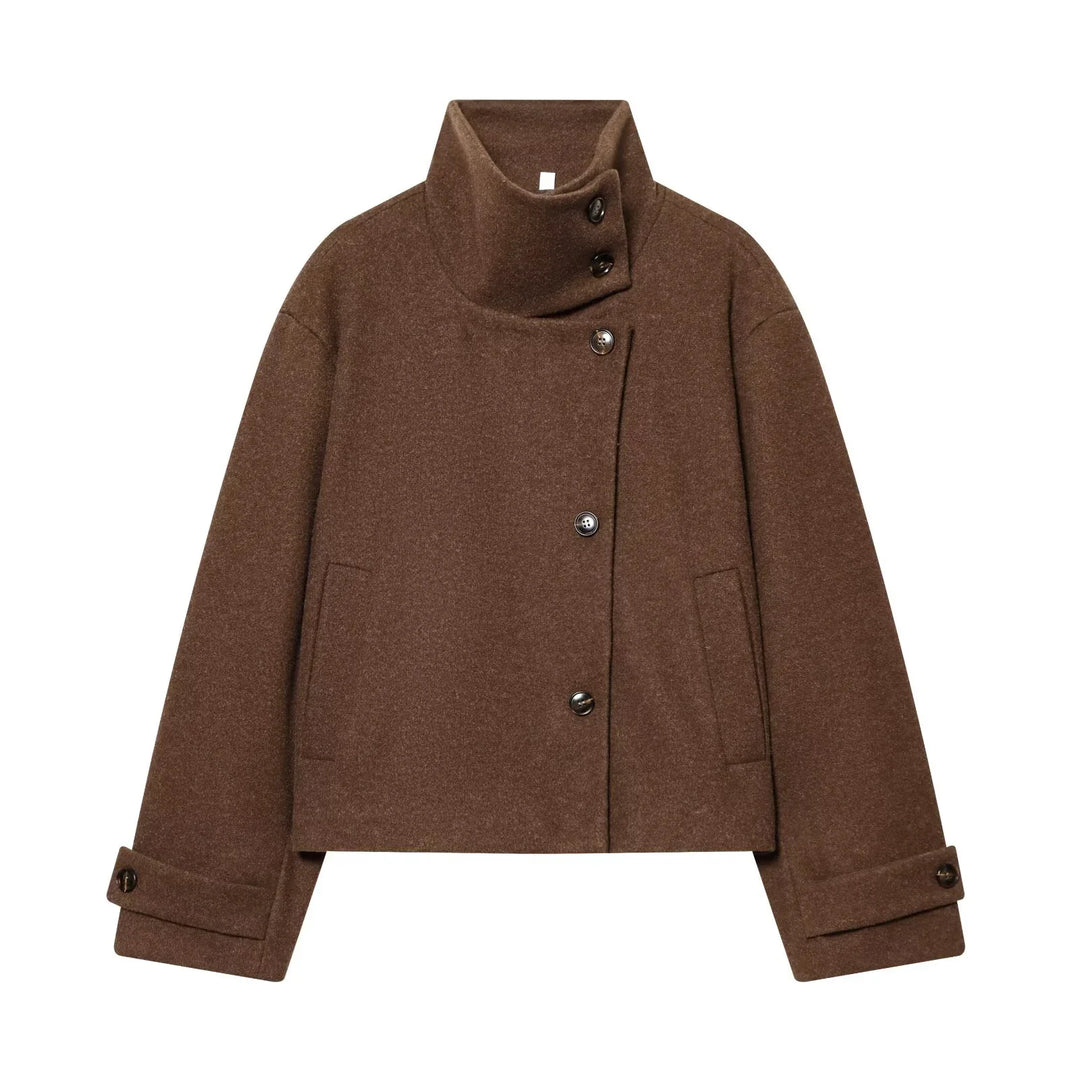 Jacket Women - Wool Blend Cropped Jacket with Buckle Collar