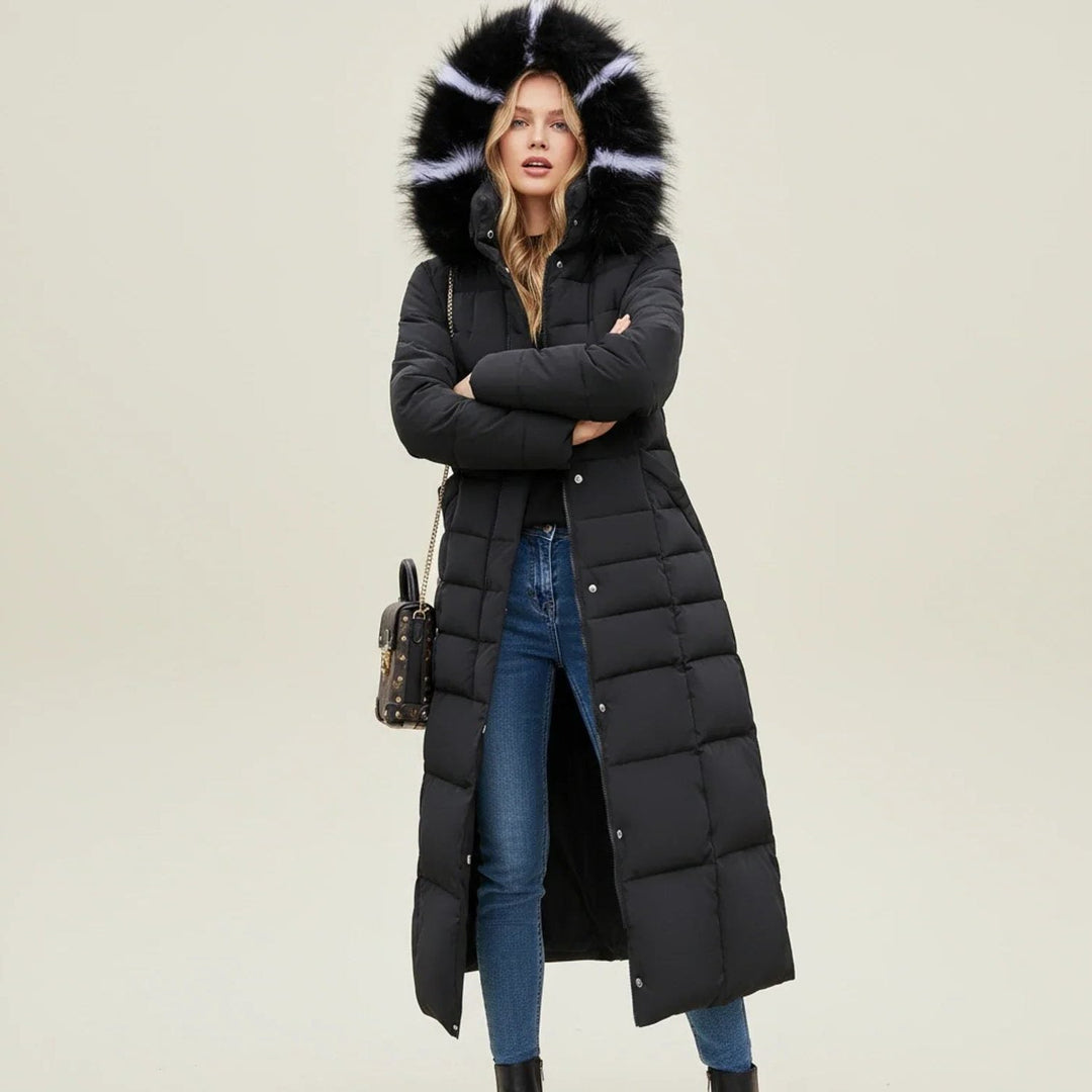 Parka Women - Quilted Parka with Belted Waist and Faux Fur Hood