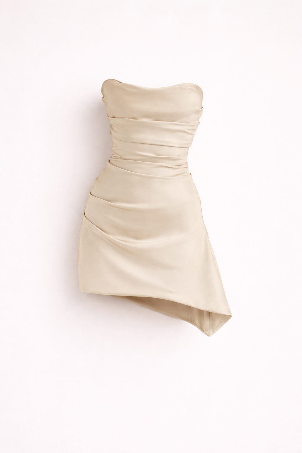 Lisa - Strapless Ruched Satin Mini Dress with Asymmetric Hem