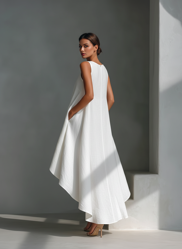 Maria | Sleeveless Round Neck Asymmetric Hem Midi Dress