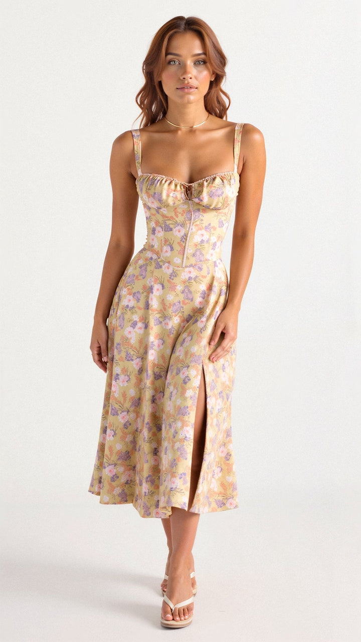 MARGARETHA - Floral Satin Corset Midi Dress with Front Split