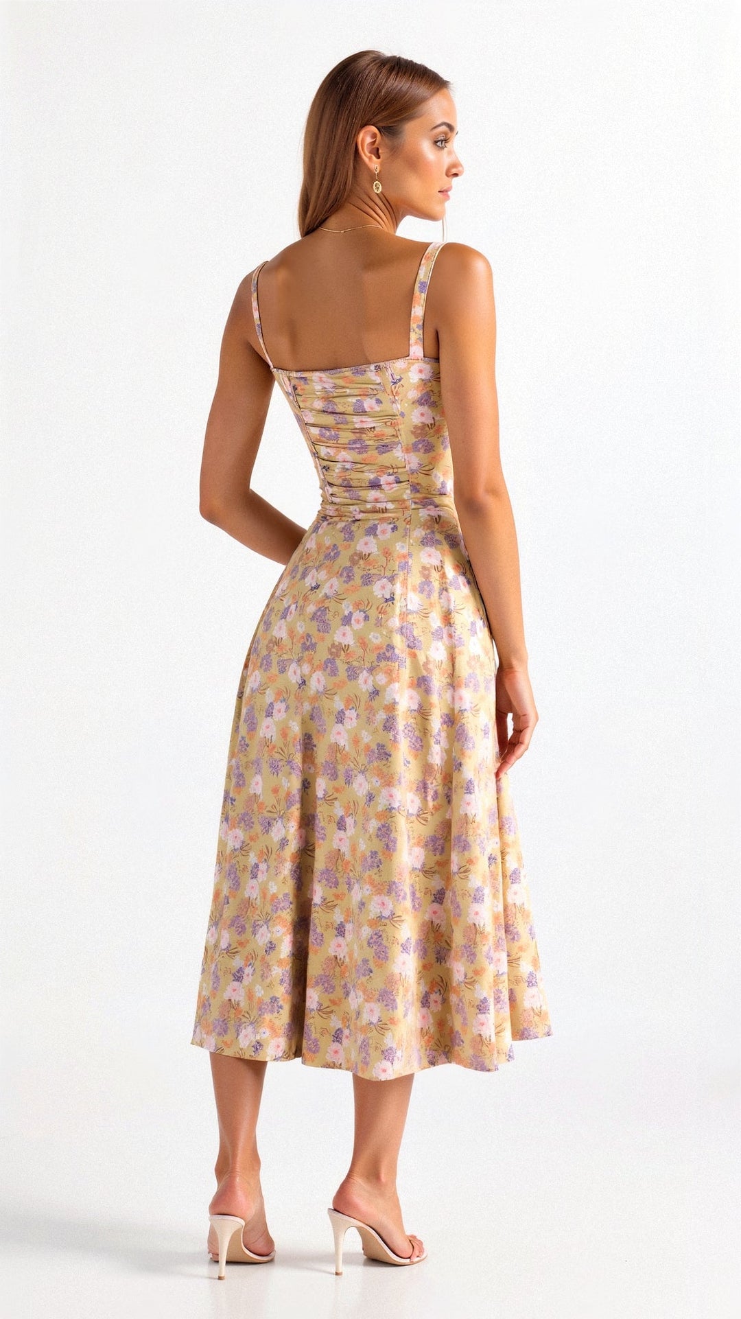 MARGARETHA - Floral Satin Corset Midi Dress with Front Split