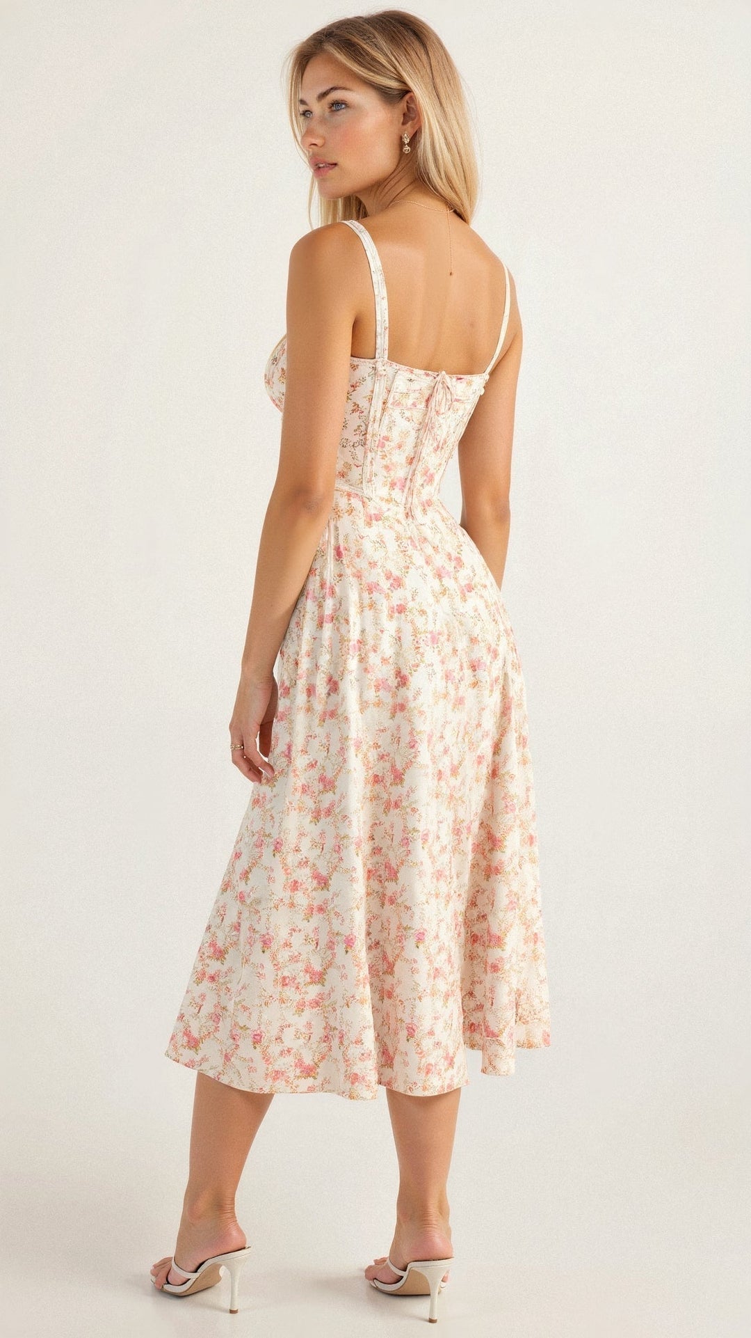 MARGARETHA - Floral Satin Corset Midi Dress with Front Split