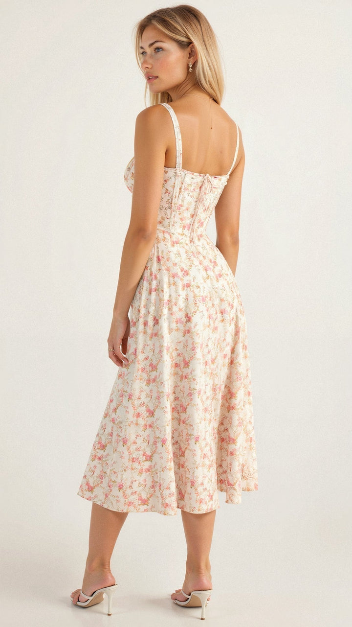 MARGARETHA - Floral Satin Corset Midi Dress with Front Split