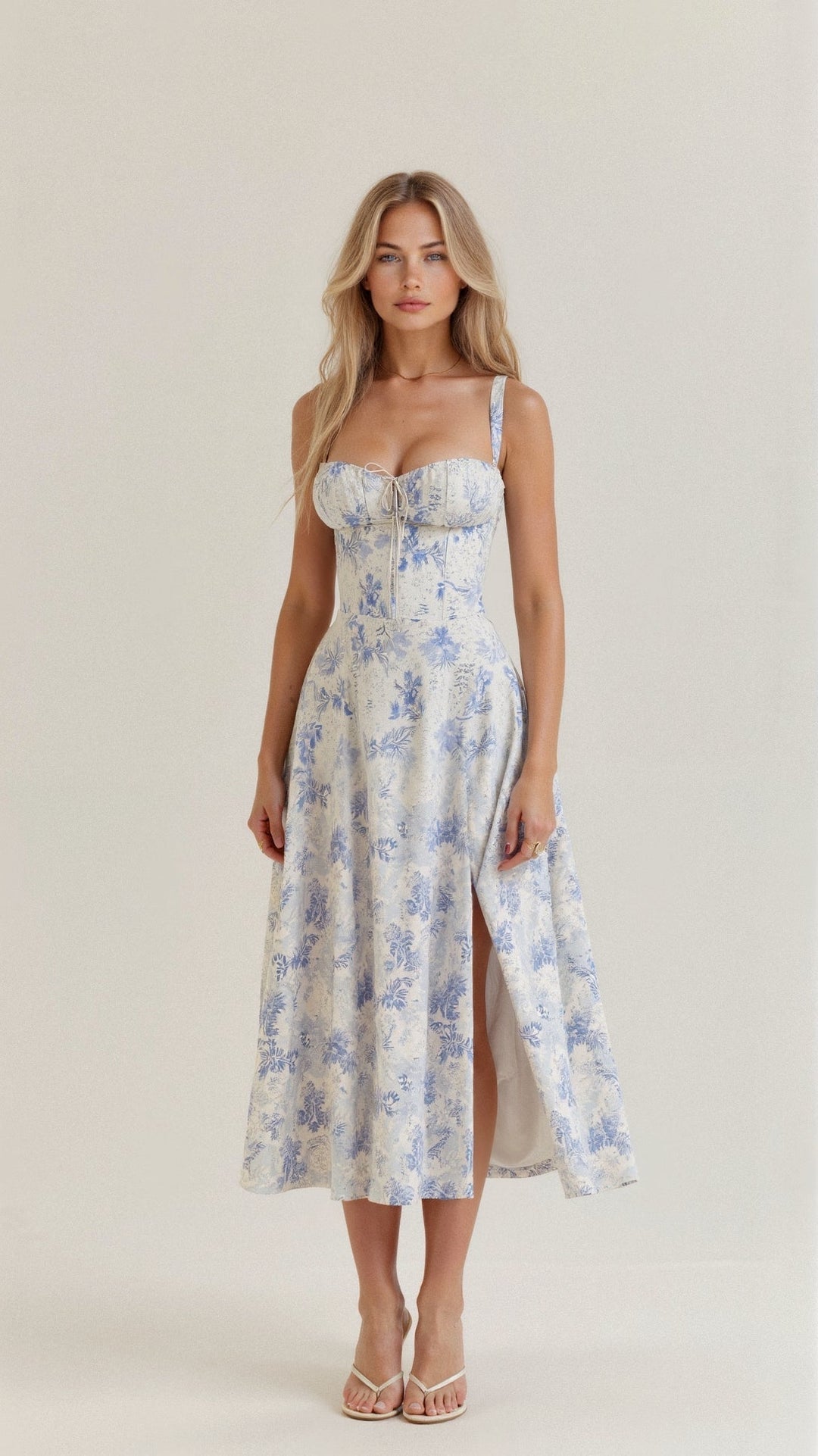 MARGARETHA - Floral Satin Corset Midi Dress with Front Split