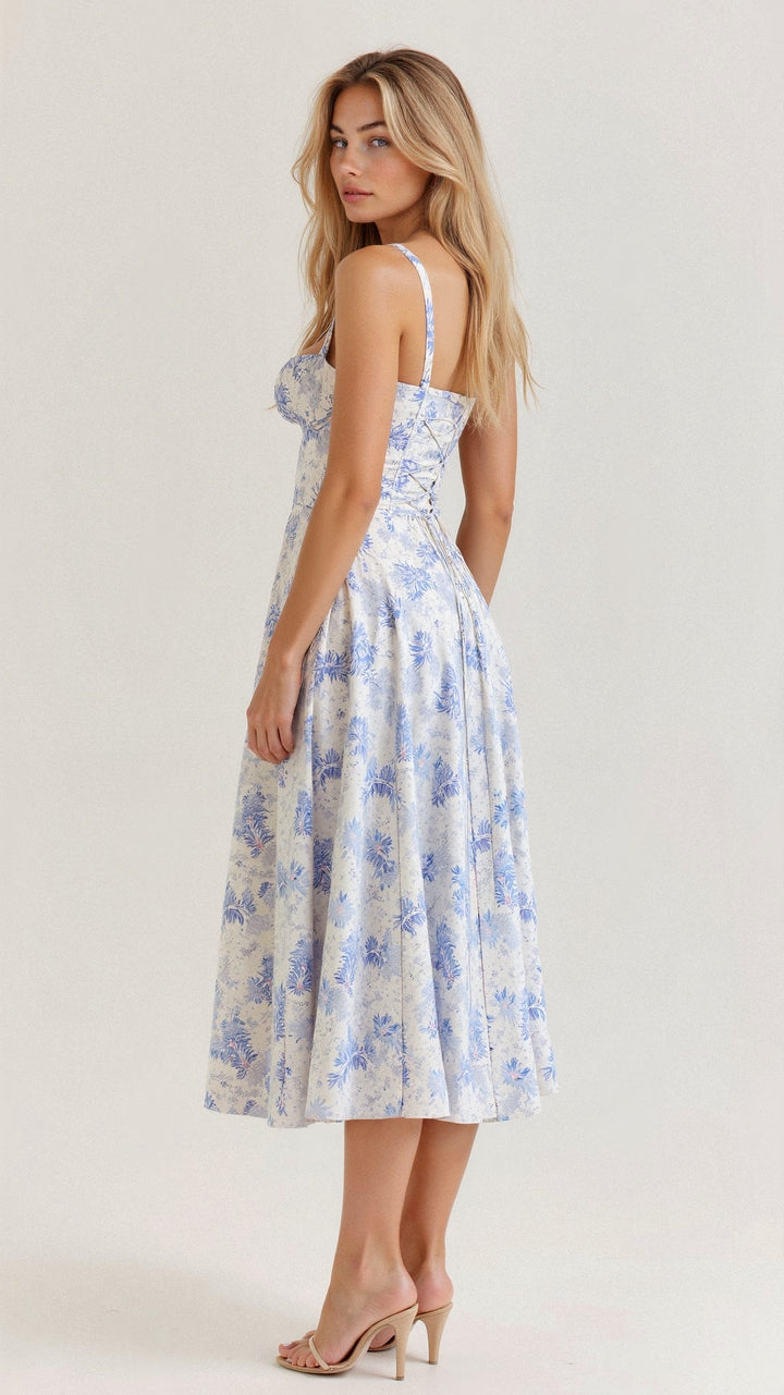 MARGARETHA - Floral Satin Corset Midi Dress with Front Split