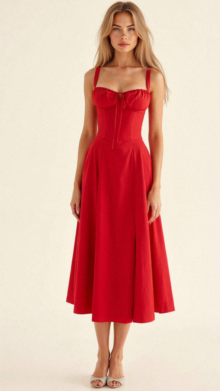 MARGARETHA - Floral Satin Corset Midi Dress with Front Split